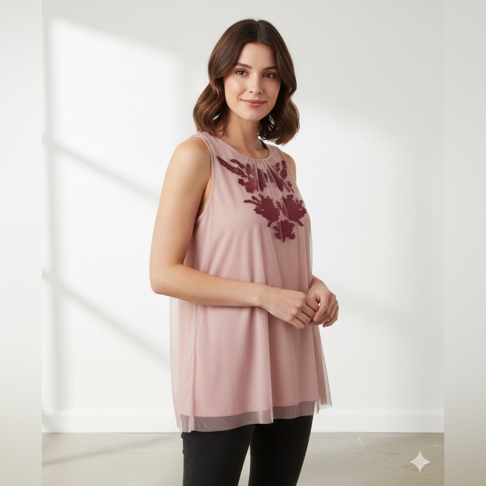White House Black Market Blush Pink Top with Burgundy Floral Detail